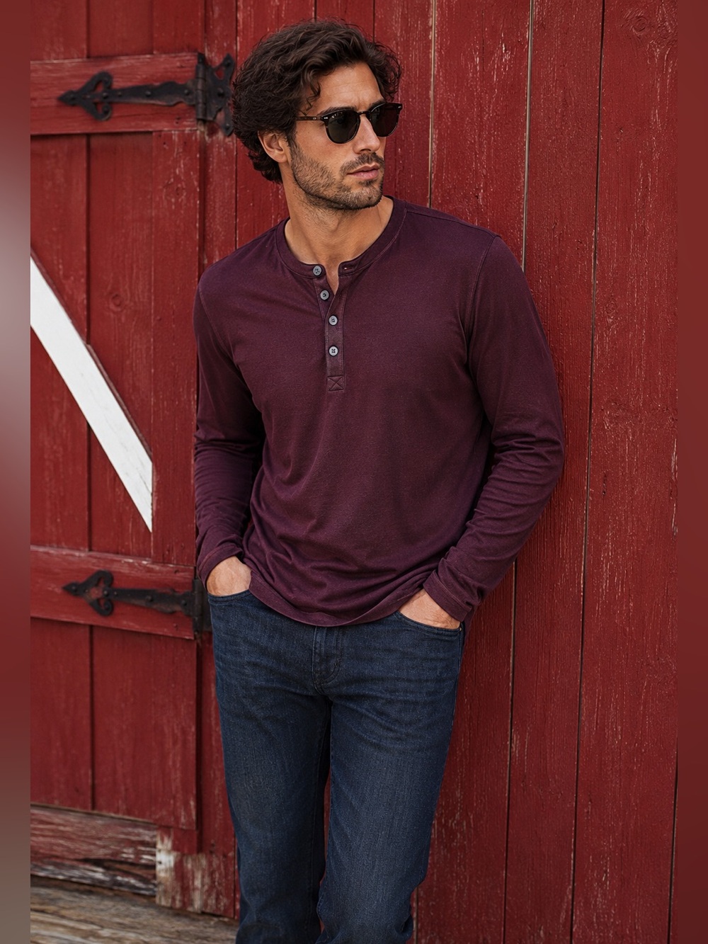 Robert Barakett Birmingham Long Sleeve Henley Shirt – Deep Port – Large – NWT